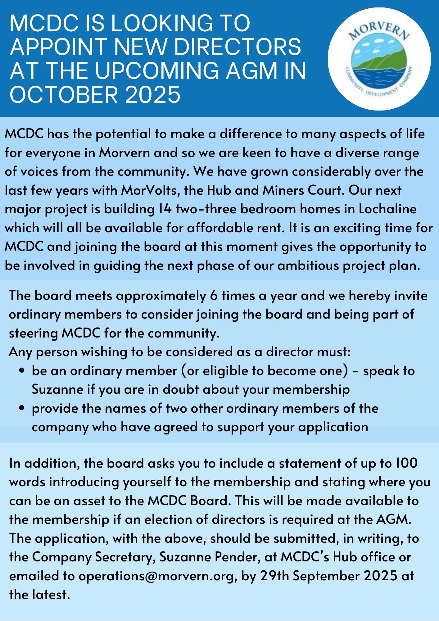 MCDC is looking to appoint new directors at the upcoming AGM in October 2025